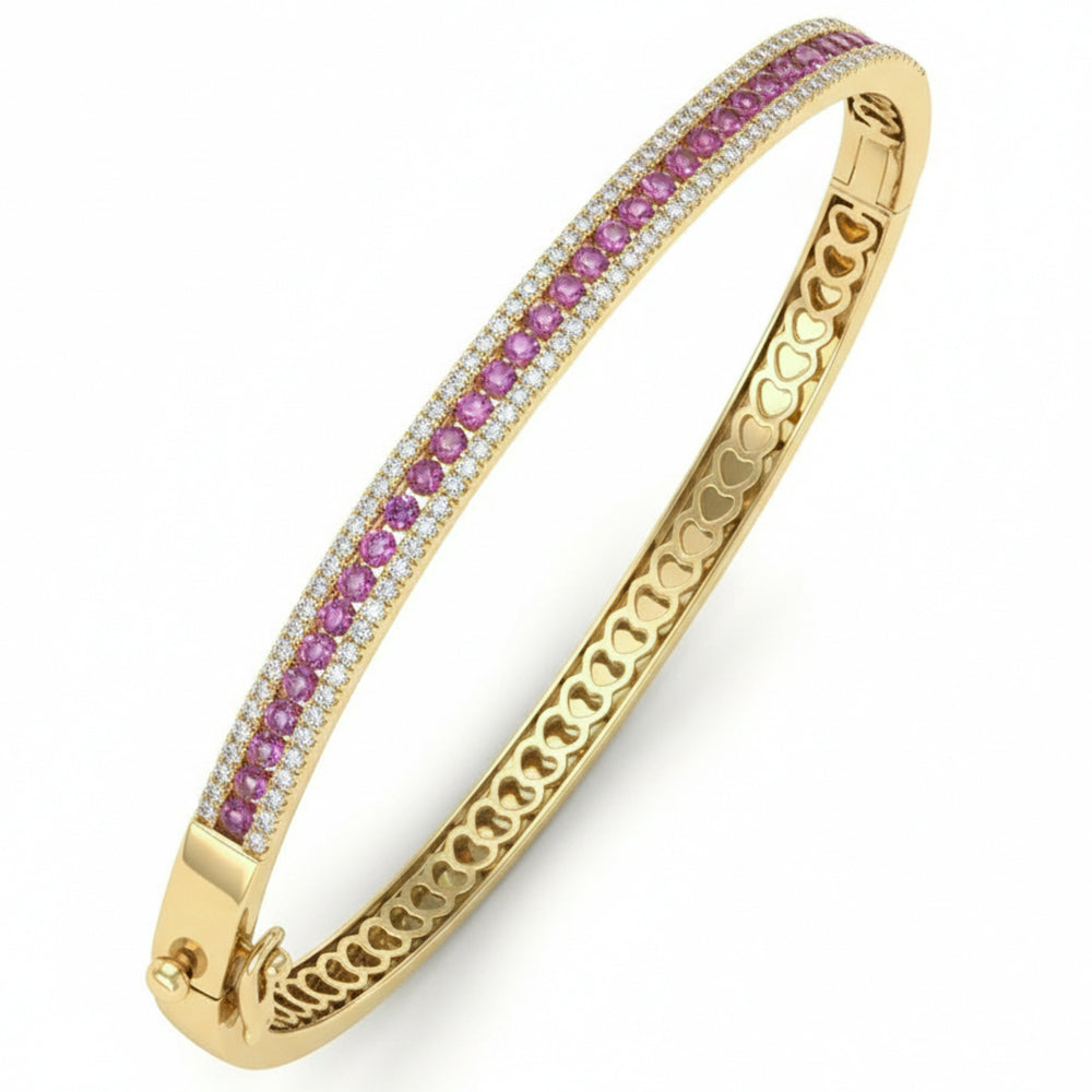 1.66ct G SI 14kt Yellow Gold Diamond & Pink Sapphire Gemstone Bangle Bracelet