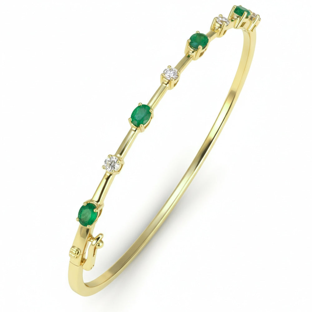 1.16ct G SI 14kt Yellow Gold Diamond & Emerald Gemstone Bangle Bracelet