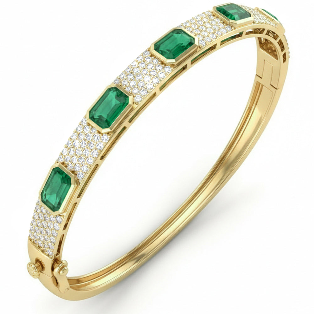 4.10ct G SI 14kt Yellow Gold Diamond & Emerald Gemstone Bangle Bracelet