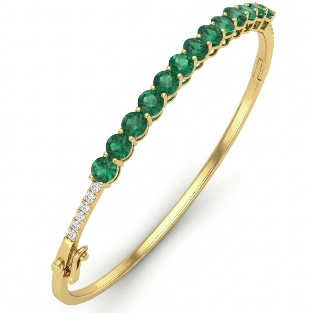 3.97ct G SI 14kt Yellow Gold Diamond & Emerald Gemstone Bangle Bracelet