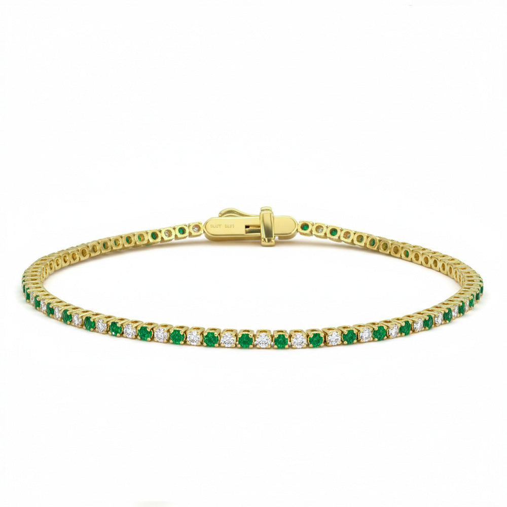1.82ct G SI 14kt Yellow Gold Diamond & Emerald Gemstone Tennis Bracelet 7" Long