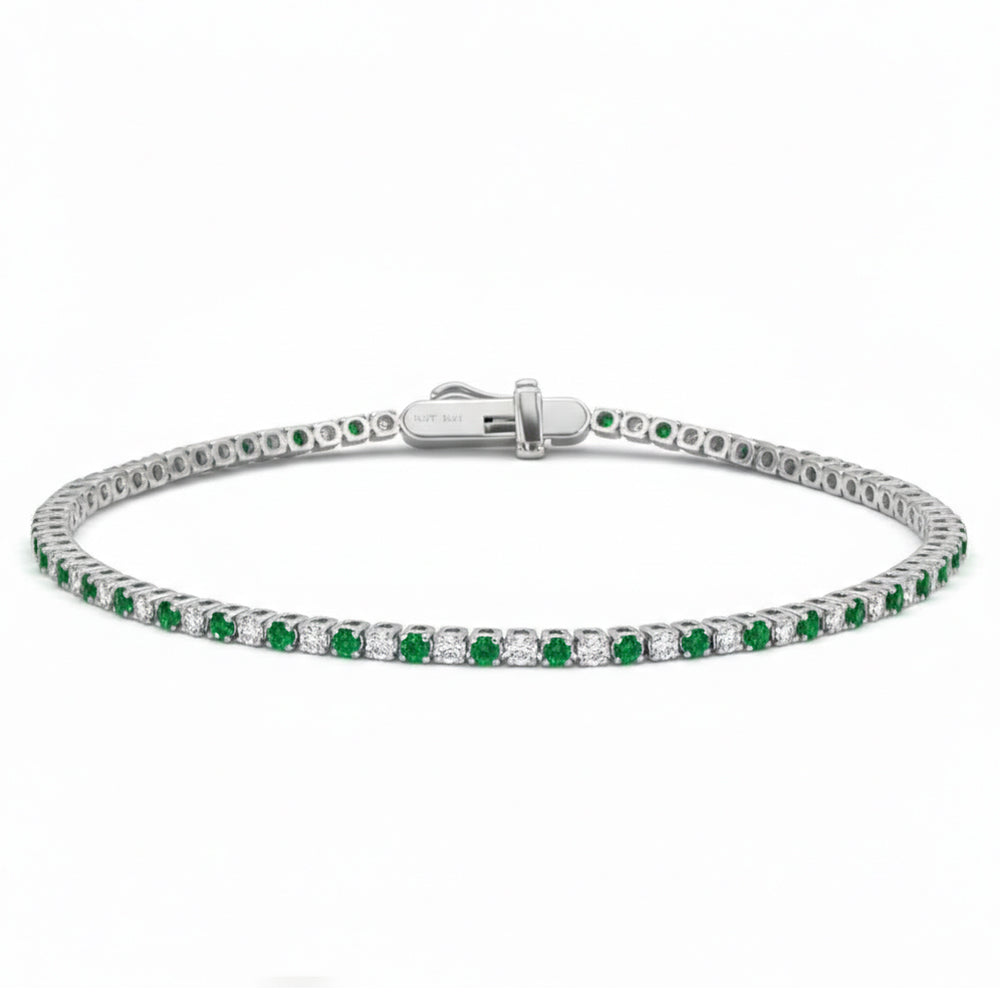 1.83ct G SI 14kt White Gold Diamond & Emerald Gemstone Tennis Bracelet 7" Long