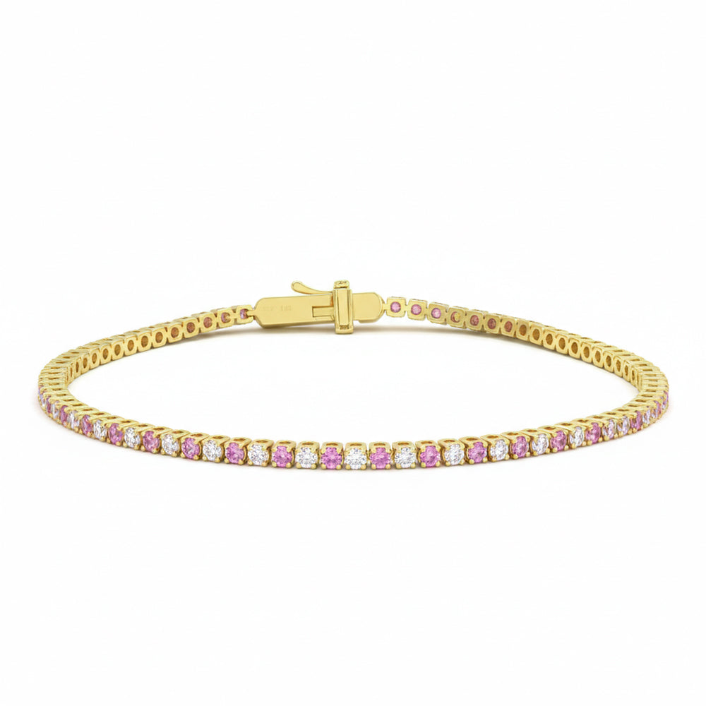 2.00ct G SI 14kt Yellow Gold Diamond & Pink Sapphire Gemstone Tennis Bracelet 7" Long