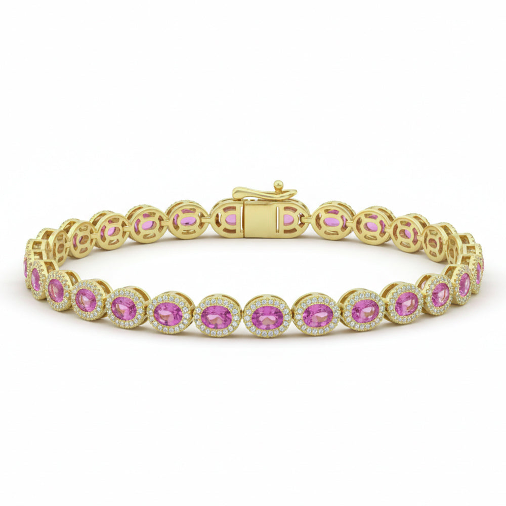 7.97ct G SI 14kt Yellow Gold Diamond & Pink Sapphire Gemstone Tennis Bracelet 7.5" Long