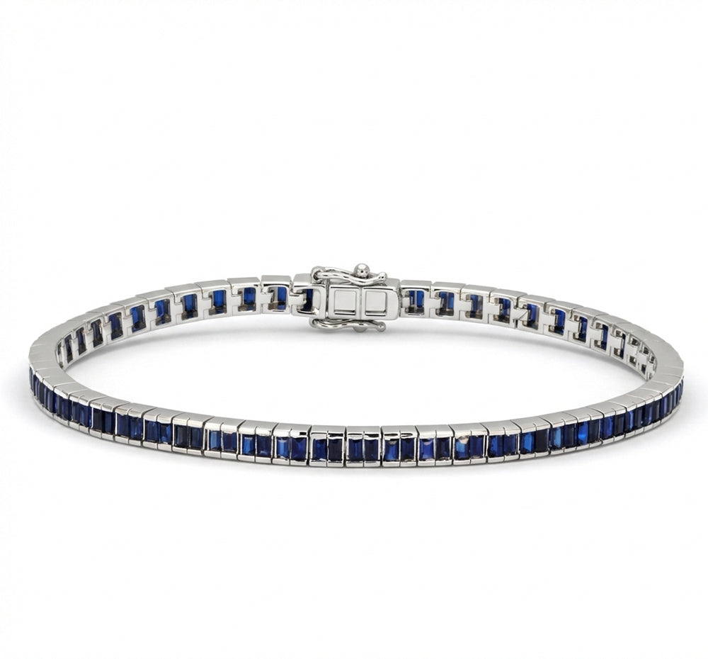 3.82ct G SI 14kt White Gold Blue Sapphire Gemstone Bracelet 7" Long