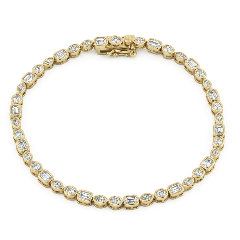 3.17ct G SI 14kt Yellow Gold Multi Shape Diamond Bezel Set Bracelet 7" Long