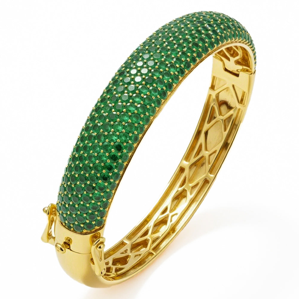 6.31ct G SI 14kt Yellow Gold Emerald Pave Set Gemstone Bangle Bracelet