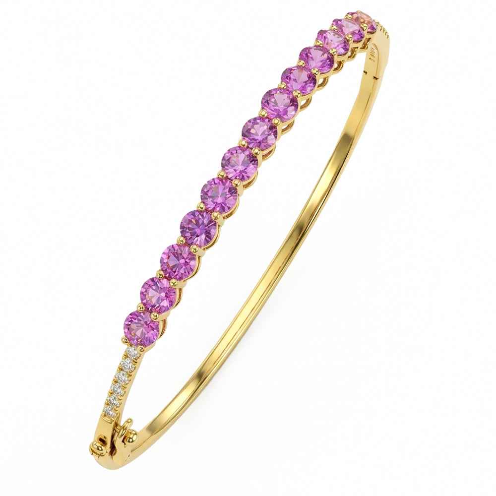 4.34ct G SI 14kt Yellow Gold Diamond & Pink Sapphire Gemstone Bangle Bracelet