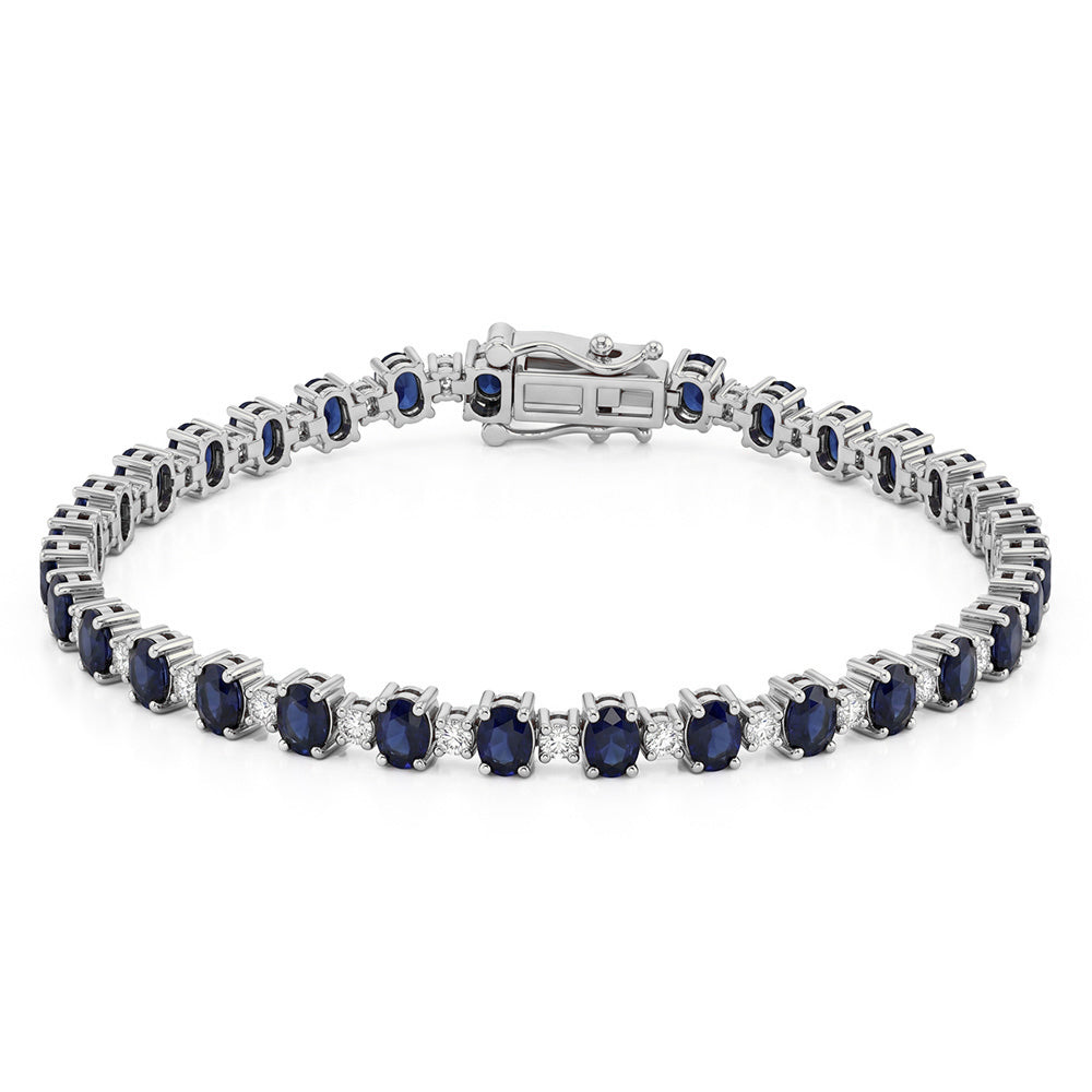 6.04ct G SI 14kt White Gold Diamond & Blue Sapphire Gematone Bracelet 7" Long