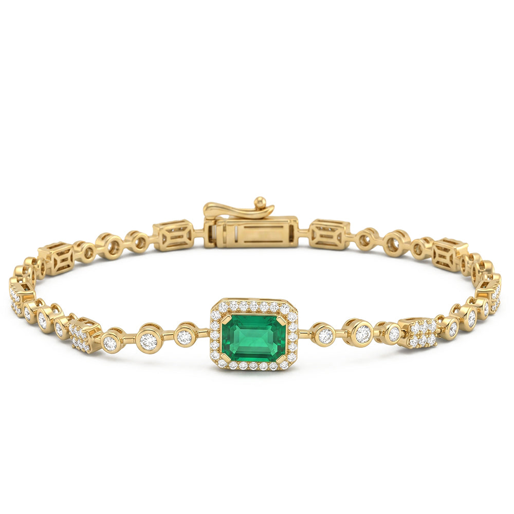 2.04ct G SI 14kt Yellow Gold Diamond & Emerald Gemstone Bracelet 7" Long