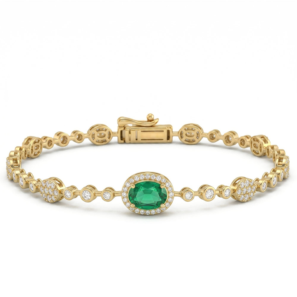 1.48ct G SI 14kt Yellow Gold Diamond & Emerald Gemstone Bracelet 7" Long