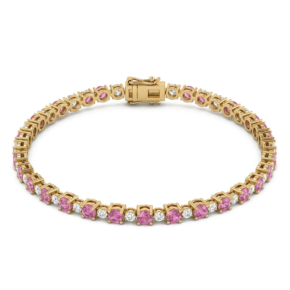 3.12ct G SI 14kt Yellow Gold Diamond & Pink Sapphire Gemstone Tennis Bracelet 7" Long