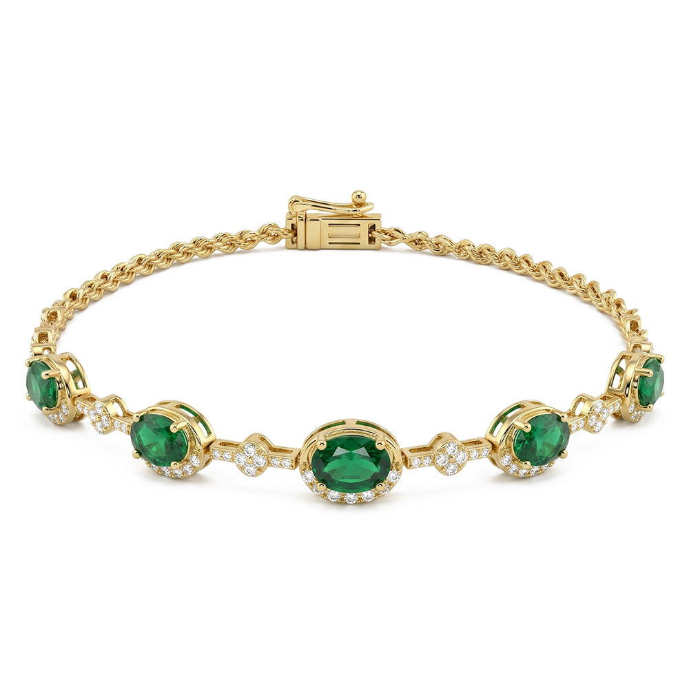 2.55ct G SI 14kt Yellow Gold Diamond & Emerald  Gemstone Bracelet 7.25" Long