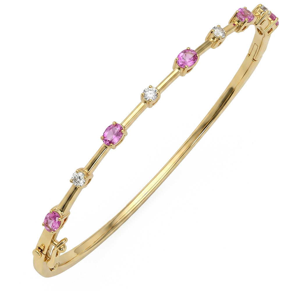 1.38ct G SI 14kt Yellow Gold Diamond & Pink Sapphire Gemstone Bangle Bracelet
