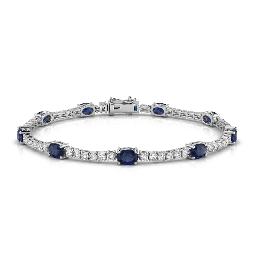 <span style="color:purple">SPECIAL!</span> 3.71ct G SI 14kt White Gold Blue Sapphire Gemstone & Diamond Tennis Bracelet 7" Long