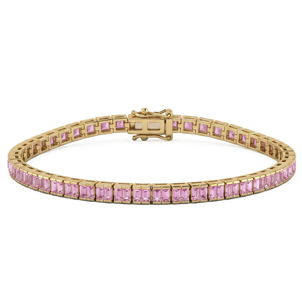 <span style="color:purple">SPECIAL!</span> 4.20ct G SI 14kt Yellow Gold Half Bezel Pink Sapphire  Gemstone Tennis Bracelet 7" Long