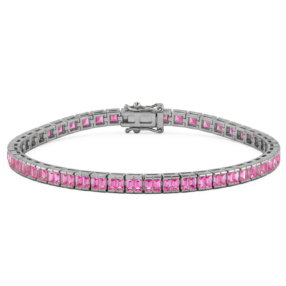 <span style="color:purple">SPECIAL!</span> 4.15ct G SI 14kt White Gold Half Bezel Pink Sapphire  Gemstone Tennis Bracelet 7" Long