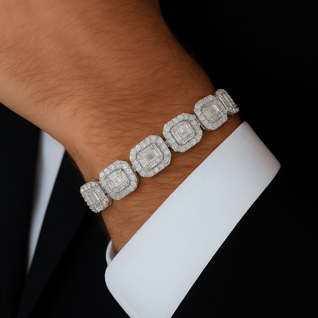 12mm 15.16ct G SI 14K White Gold Round & Baguette Diamond Bracelet 8"