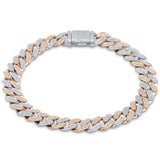 9mm 1.34ct G SI 14K Two Tone Rose & White Gold Diamond Round Cuban Bracelet 8" Long