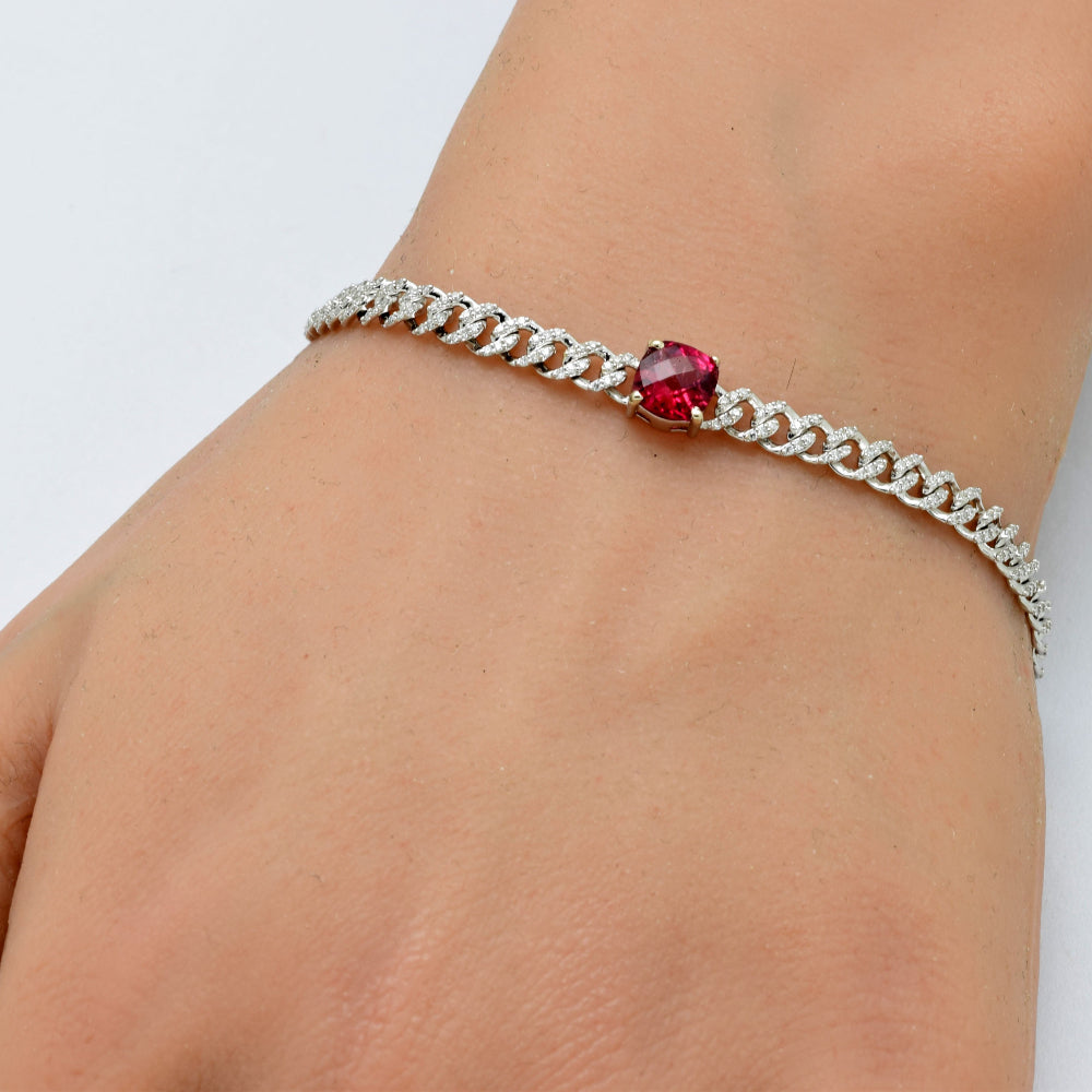 1.39ct G SI 14K White Gold Cushion Shaped Pink Tourmaline Gemstone & Diamond Cuban Bracelet 6+1.5" Long