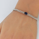 1.49ct G SI 14K White Gold Oval Blue Sapphire Gemstone & Diamond Cuban Bracelet 6+1.5" Long