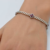 <span style="color:purple">SPECIAL!</span>  .80ct G SI 14K White Gold Ruby Gemstone Flower Cuban Bracelet 7" Long