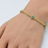  .52ct G SI 14K Yellow Gold Emerald Gemstone Flower Cuban Bracelet 7" Long