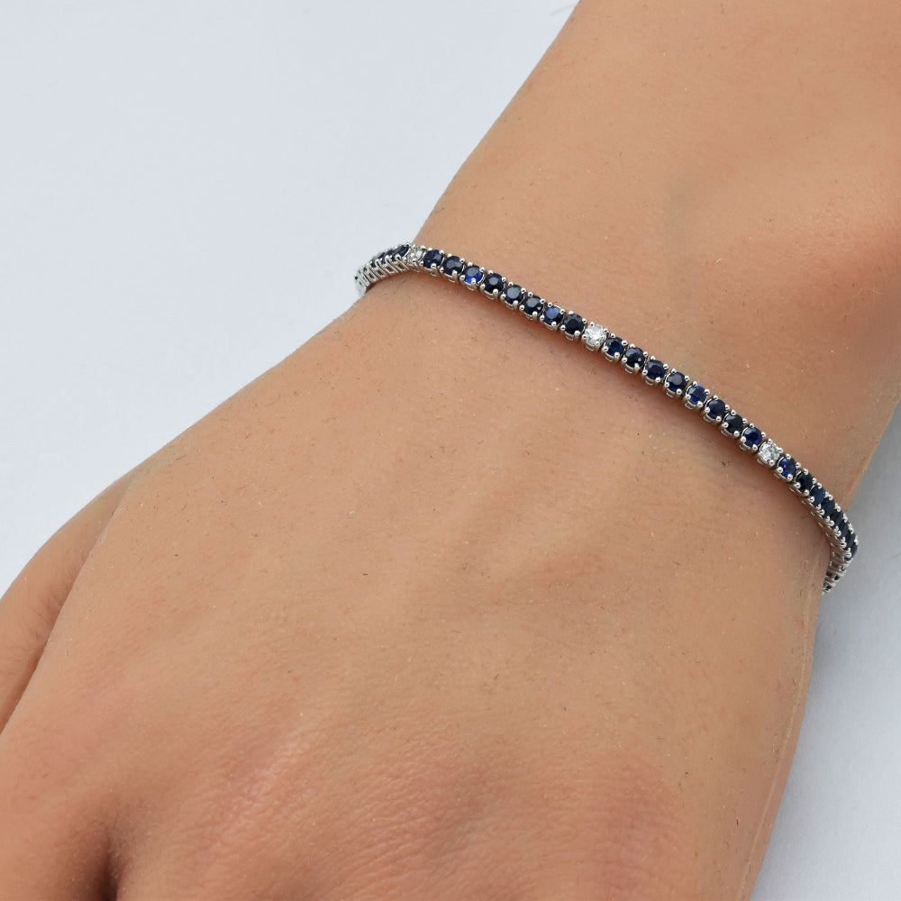 3.56ct G SI 14K White Gold Diamond & Blue Sapphire Tennis Bracelet 7" Long