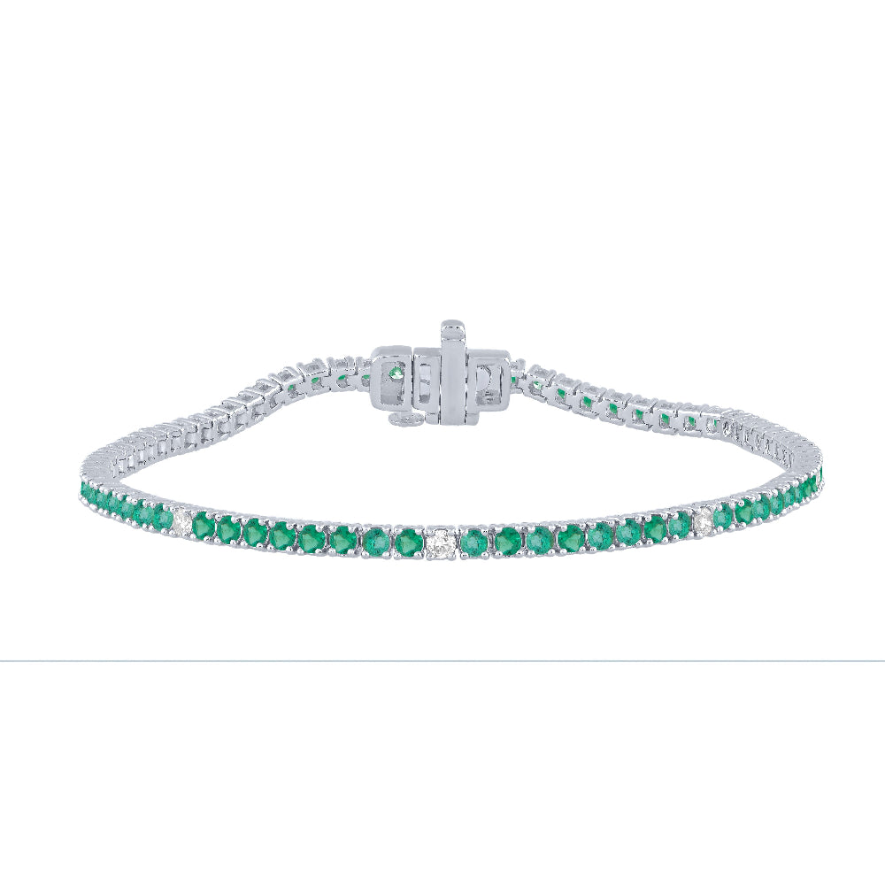 2.68ct G SI 14K White Gold Diamond & Green Emerald Tennis Bracelet 7" Long
