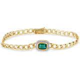 2.04ct G SI 14K Yellow Gold Diamonds & Emerald Gemstones Cuban Bracelet 7" Long