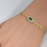 2.04ct G SI 14K Yellow Gold Diamonds & Emerald Gemstones Cuban Bracelet 7" Long