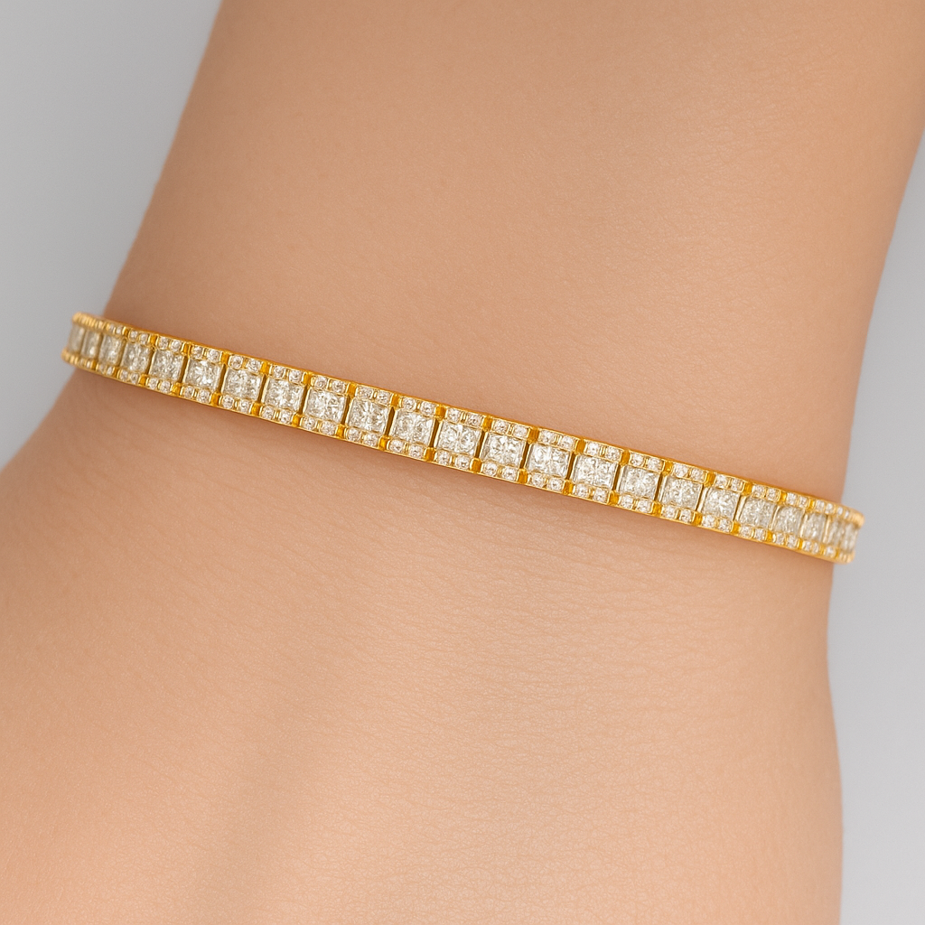 3.29ct G SI 14K Yellow Gold Round & Baguette Diamond Tennis Bracelet