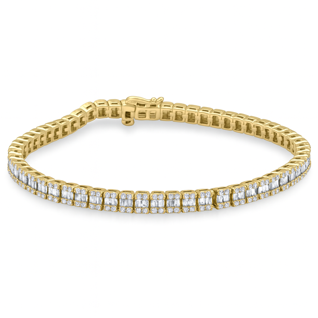 3.29ct G SI 14K Yellow Gold Round & Baguette Diamond Tennis Bracelet