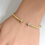 .10ct G SI 14K Yellow Gold Diamond Flexible Cross Open Bangle Bracelet