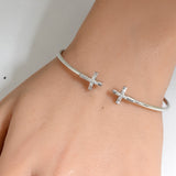 .10ct G SI 14K White Gold Diamond Flexible Cross Open Bangle Bracelet