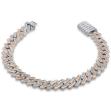 9mm 3.14ct G SI 14K Two Tone Rose & White Gold Round & Baguette Diamond Square Cuban Bracelet 8" Long