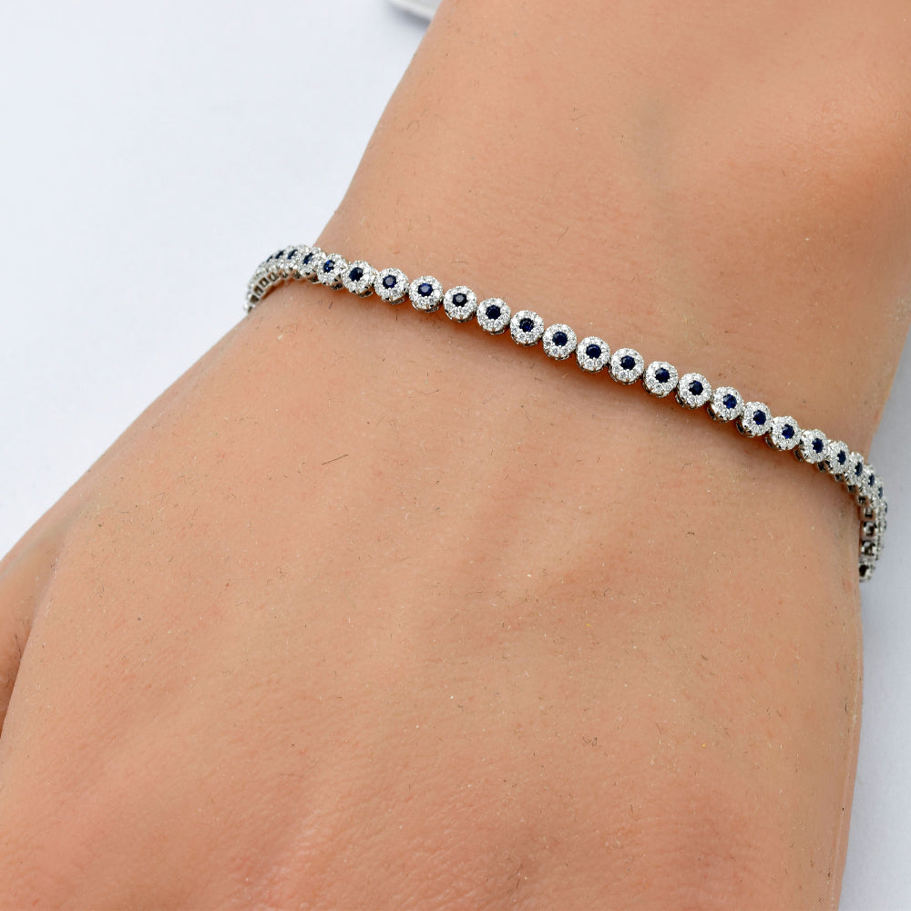 1.72ct G SI 14K White Gold Diamond & Blue Sapphire Gemstone Bracelet 7.25" Long