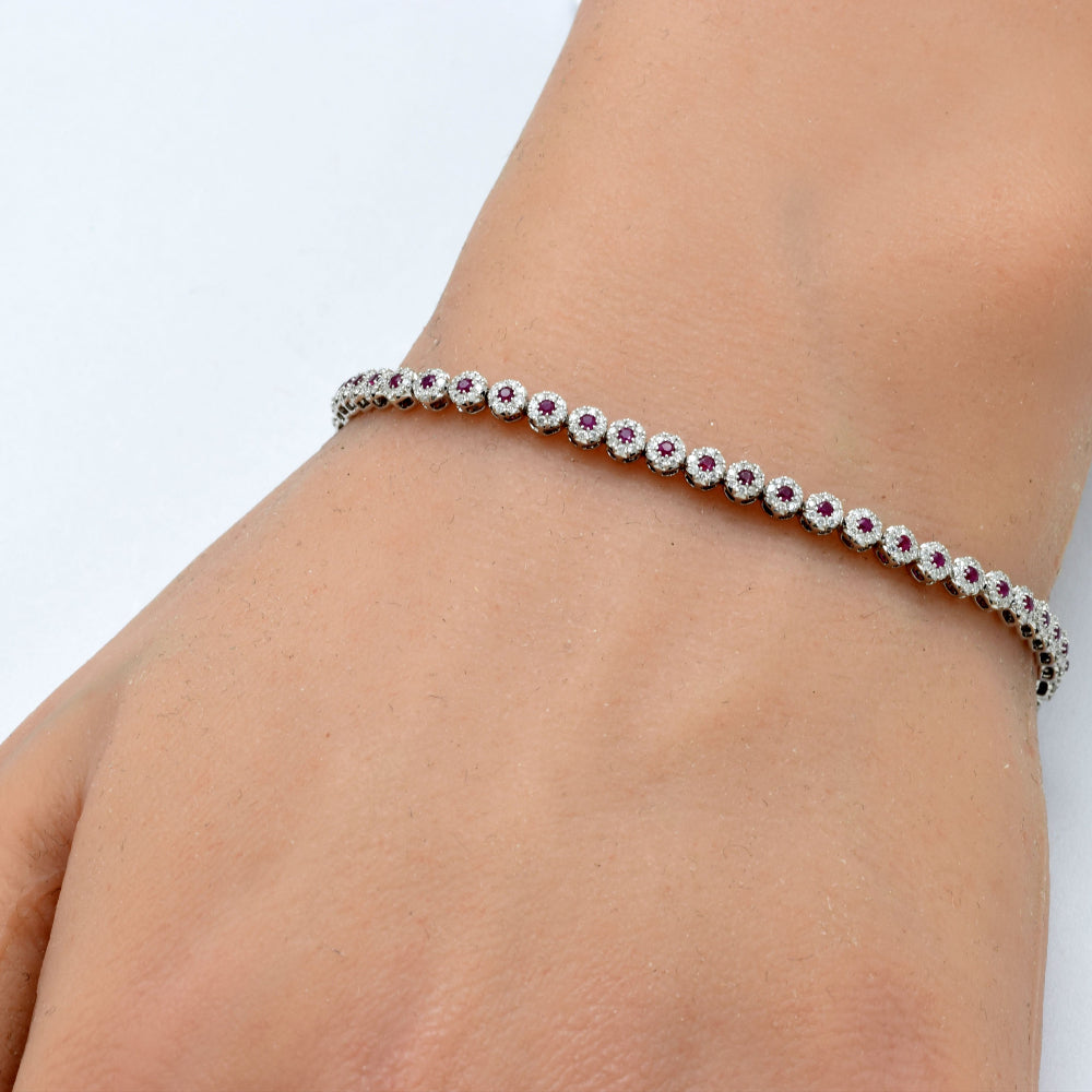 <span style="color:purple">SPECIAL!</span> 1.89ct G SI 14K White Gold Diamond & Ruby Gemstones Tennis Bracelet 7.25" Long