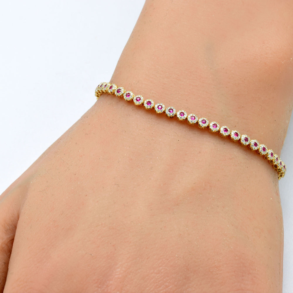 <span style="color:purple">¡ESPECIAL!</span> Pulsera de Oro Amarillo de 14K con Diamantes y Rubíes de 2.01ct G SI, 7.25" de Largo
