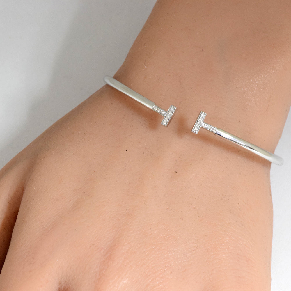 .09ct G SI 14K White Gold Diamond Open T Bangle Bracelet