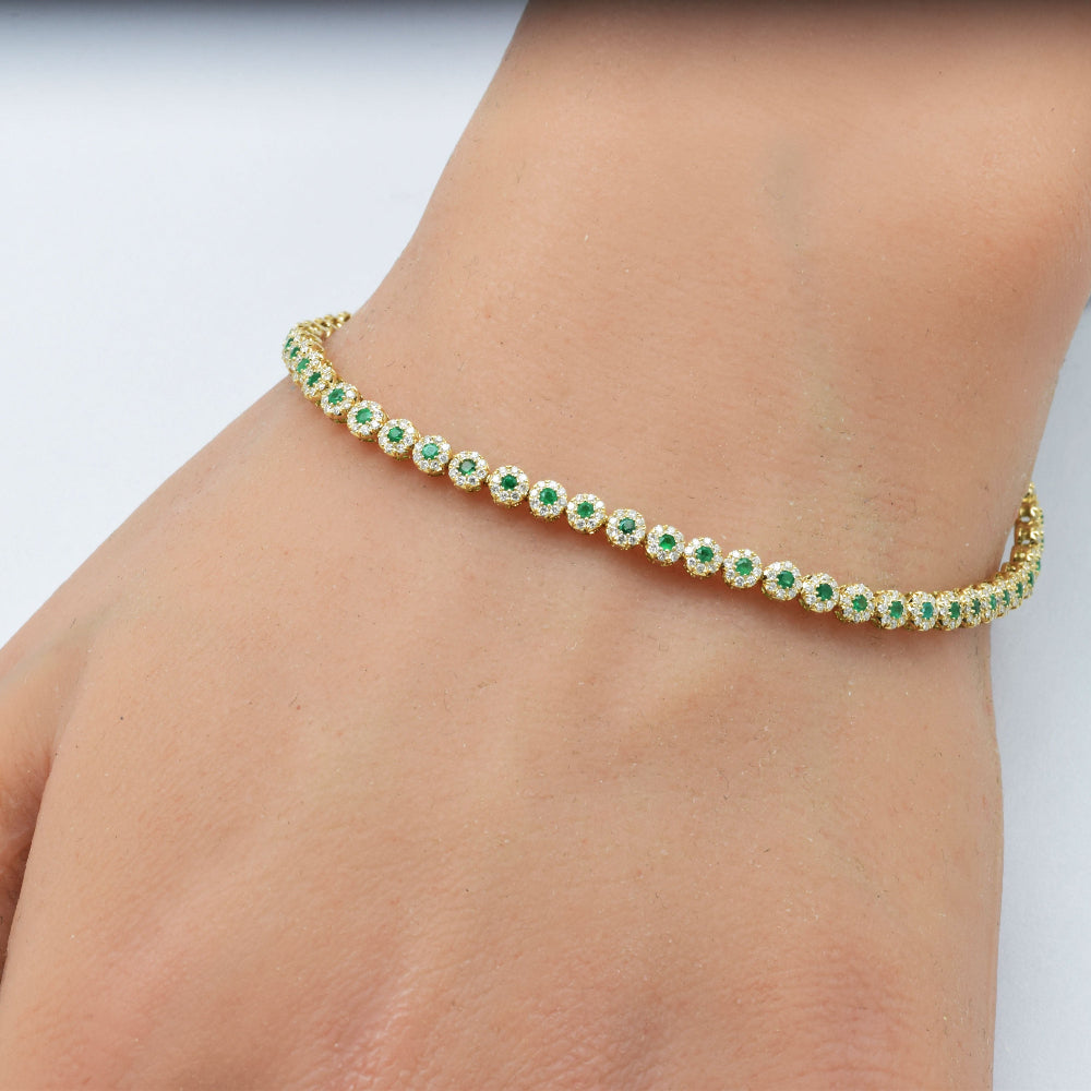 1.55ct G SI 14K Yellow Gold Diamond & Emerald Gemstone Bracelet 7.25" Long