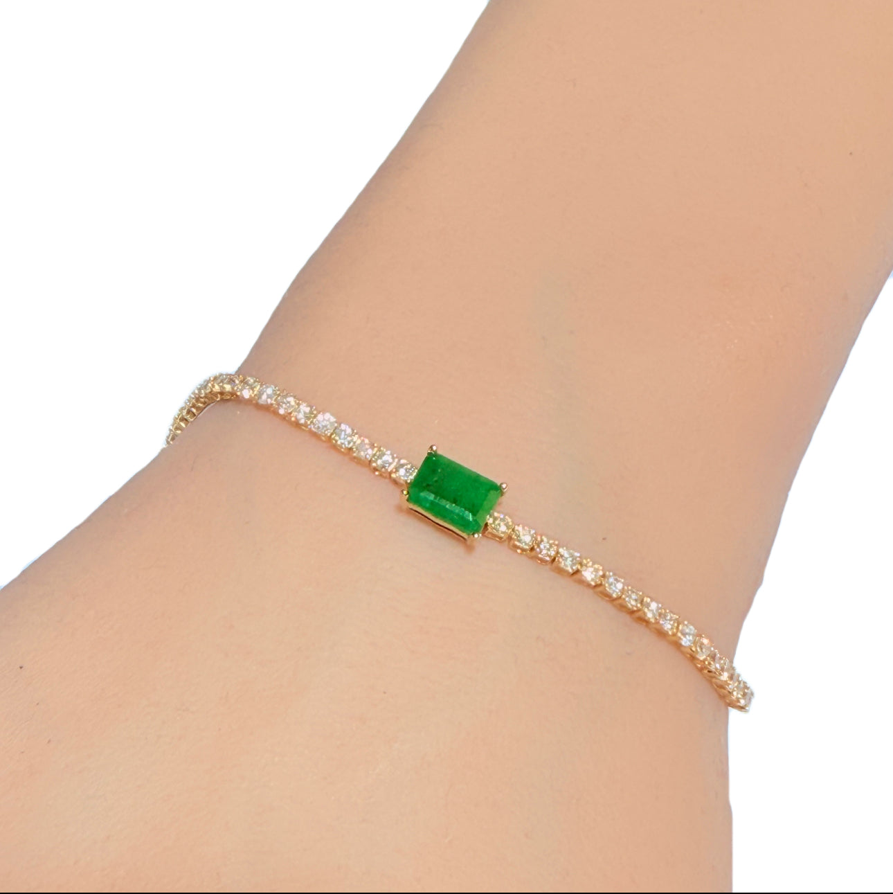 2.58ct G SI 14K Yellow Gold Diamond & Emerald Gemstone Tennis Bracelet 7" Long