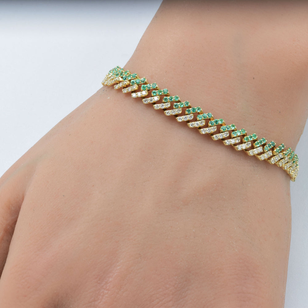 3.48ct G SI 14K Yellow Gold 7mm Square Cuban Diamond & Emerald Gemstone Bracelet 7" Long