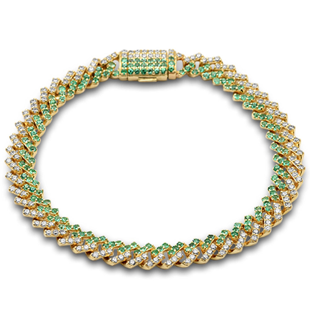 3.48ct G SI 14K Yellow Gold 7mm Square Cuban Diamond & Emerald Gemstone Bracelet 7" Long