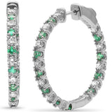 1.95ct G SI 14K White Gold Diamond & Green Emerald Hoop Earrings