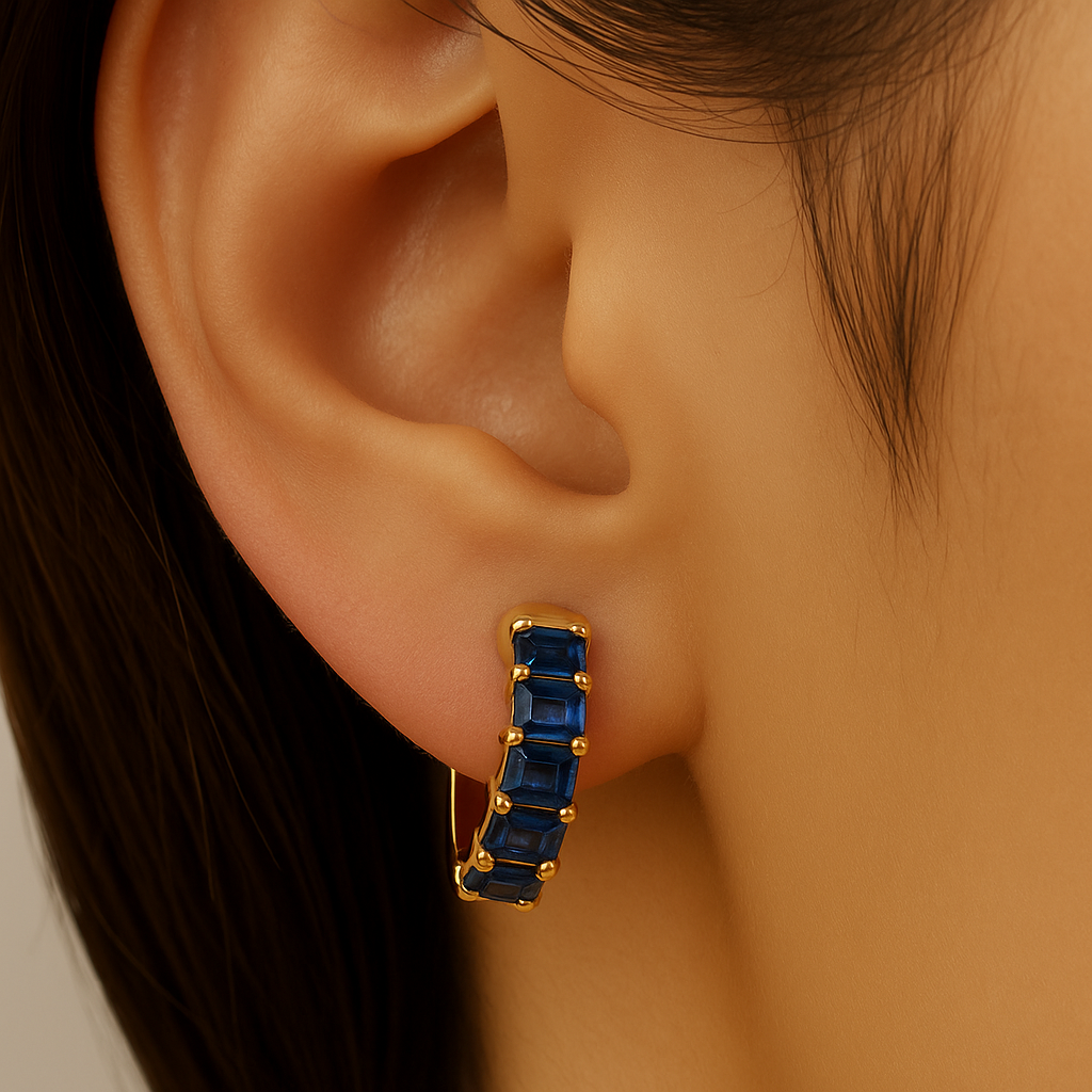 2.80ct G SI 14K Yellow Gold Emerald Cut Blue Sapphire Gemstones Hoop Huggie Earrings