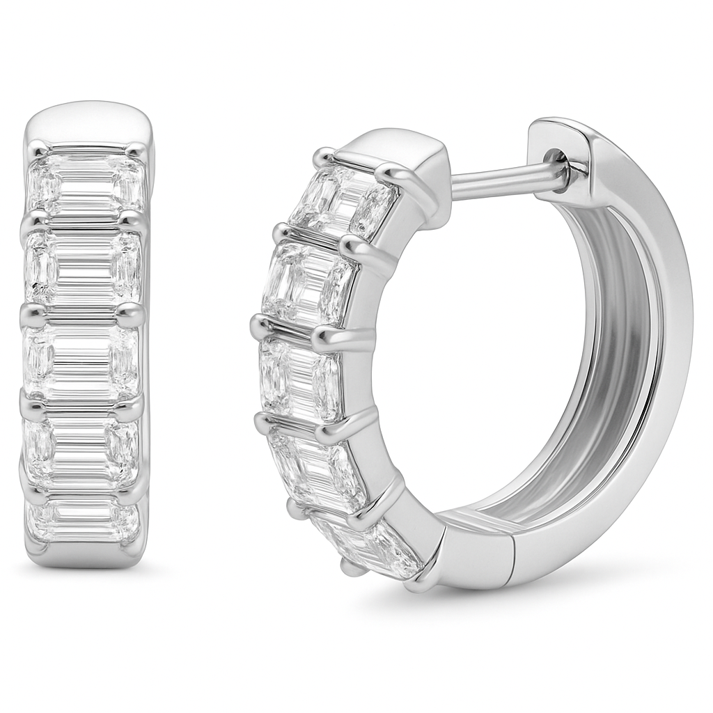 1.92ct G SI 14K White Gold Emerald Cut Diamond Earrings Hoop Huggie