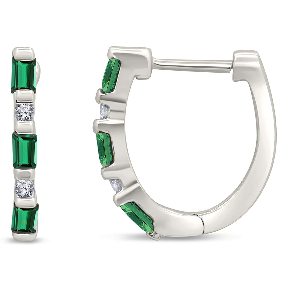 .25ct G SI 14K White Gold Diamond & Natural Emerald Gemstones Hoop Earrings