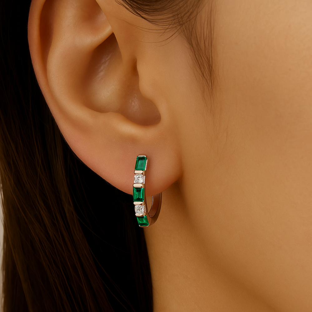 .25ct G SI 14K White Gold Diamond & Natural Emerald Gemstones Hoop Earrings