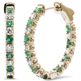 1.92ct G SI 14K Yellow Gold Diamond & Genuine Emerald Gemstones Hoop Earrings